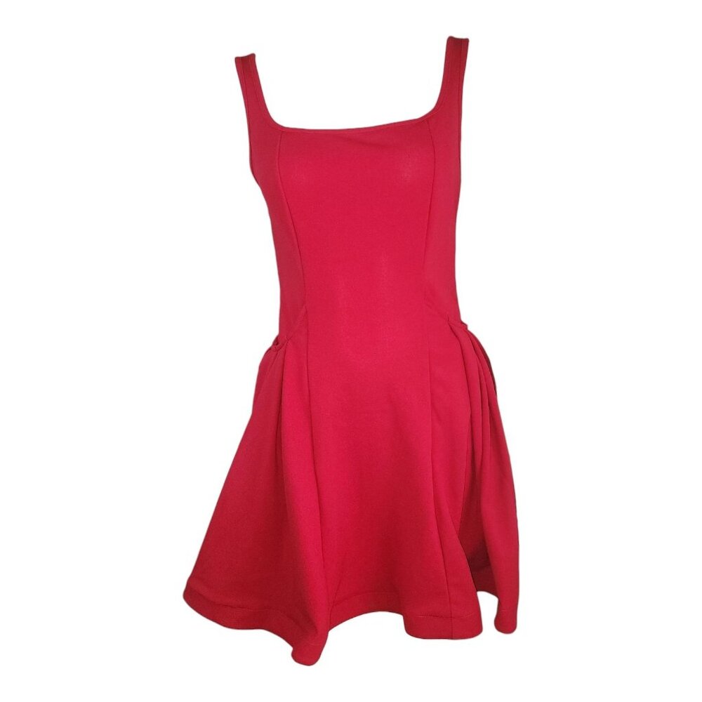 Shein Dress Womens Size M Medium Solid Red Sleeveless Pockets Circle‎ Full Skirt